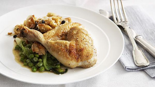 Roast chicken, bread salad, braised lettuce and peas