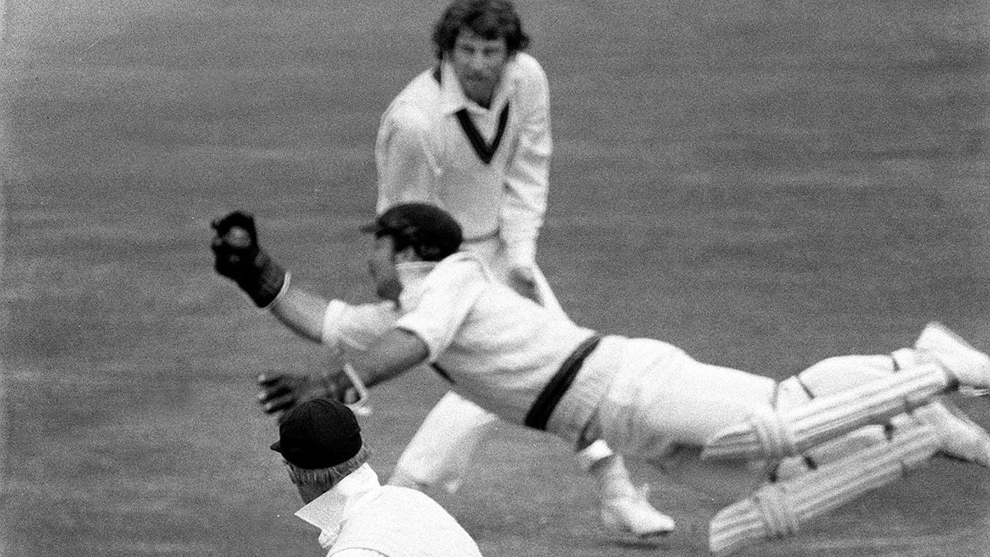 Rod Marsh catches Tony Greig in front of Ian Chappell at the 1975 World Cup.