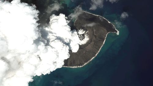 This satellite image provided by Maxar Technologies shows an overview of Hunga Tonga Hunga Haapai volcano in Tonga on Dec. 24, 2021. (Satellite image ©2022 Maxar Technologies via AP)