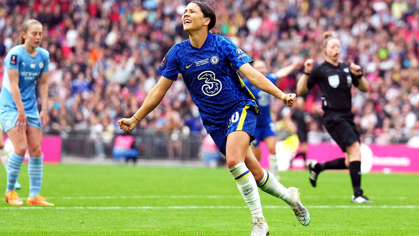  Sam Kerr celebrates her goal during extra-time in the FA Cup final