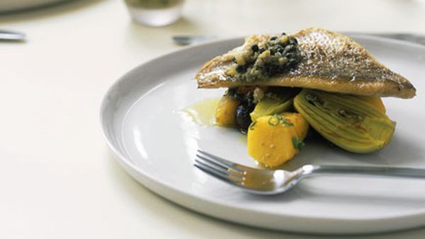 Snapper with saffron-braised potato and green olive dressing