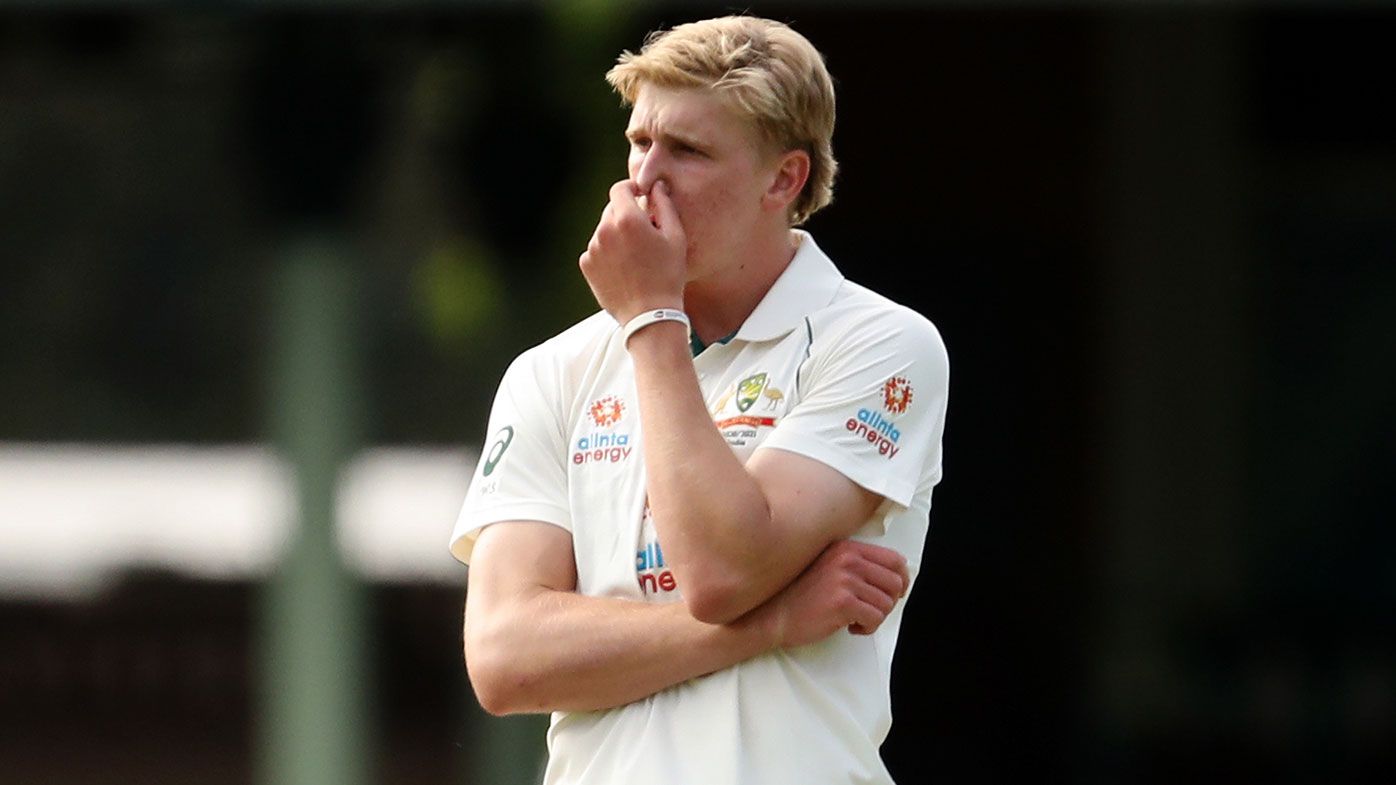  Will Sutherland of Australia A reacts during day two of the Tour Match between Australia A and India at Sydney Cricket Ground on December 12, 2020 in Sydney, Australia