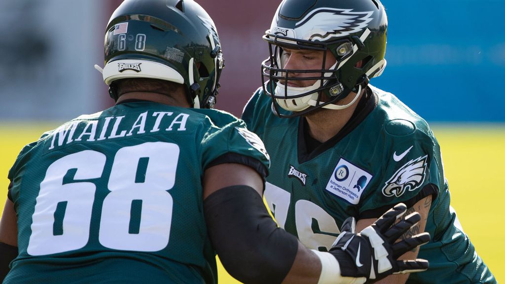 Philadelphia Eagles offensive tackle Jordan Mailata (68) reacts