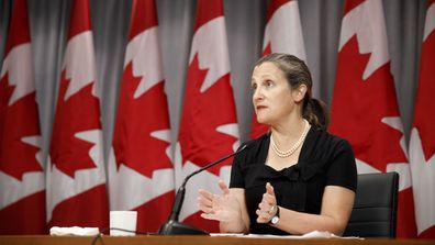 Canada's Deputy Prime Minister Chrystia Freeland speaks during a news conference in Toronto, Friday, Aug. 7, 2020.