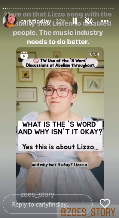 Appearance activist Carly Findlay reshared a post explaining why Lizzo's song was harmful.