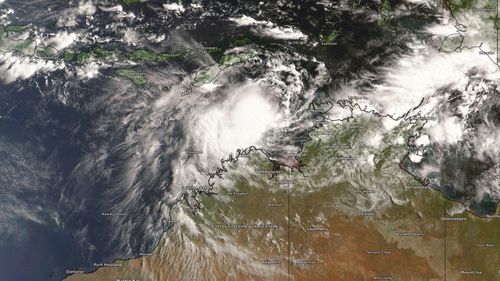 Satellite imagey showing the tropical low over the Arafura Sea on Friday.