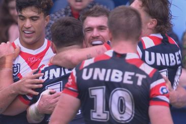 Angus Crichton celebrating after his second try against the Warriors.