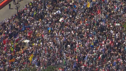 La masse des manifestants a agité divers drapeaux.