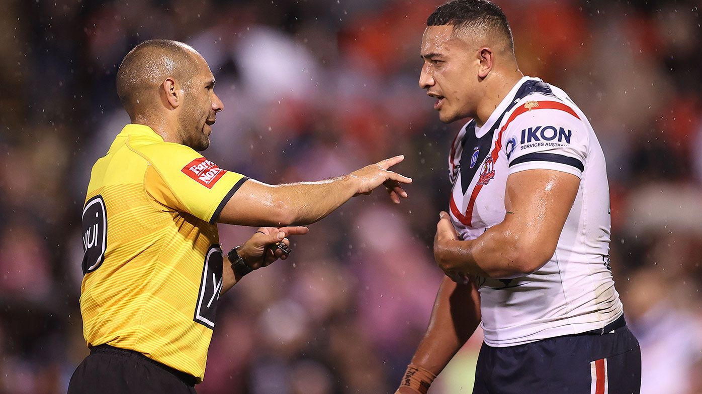 Siosiua Taukeiaho of the Roosters is placed on report and sent to the Sin Bin by referee Ashley Klein during the round 15 NRL match between the Penrith Panthers and the Sydney Roosters at Panthers Stadium, on June 18, 2021, in Penrith, Australia. (Photo by Mark Kolbe/Getty Images)