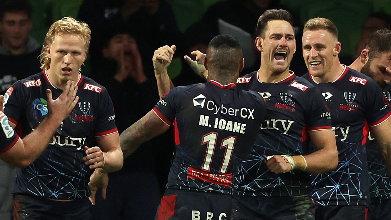 Lachie Anderson of the Rebels celebrates after scoring a try during the round 14 Super Rugby Pacific match between Melbourne Rebels and Western Force.