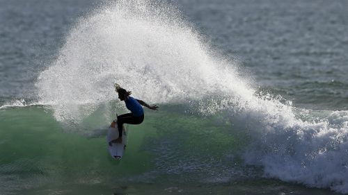 Steph Gilmore in action during the Cascais Women's Pro final at Carcavelos Beach. (AAP)