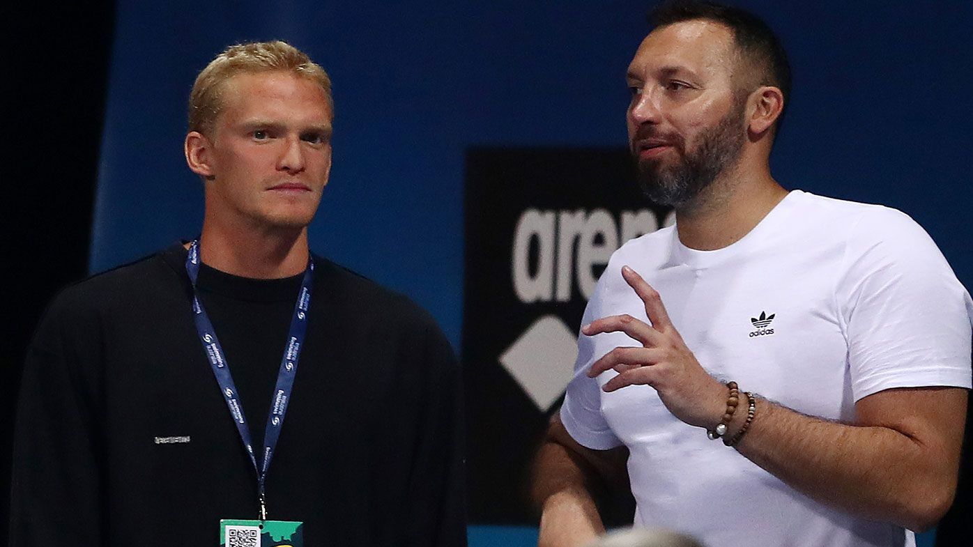  Cody Simpson and Ian Thorpe talk during the 2021 Australian Swimming Championships at the Gold Coast Aquatic Centre on April 15, 2021 in Gold Coast, Australia. (Photo by Chris Hyde/Getty Images)