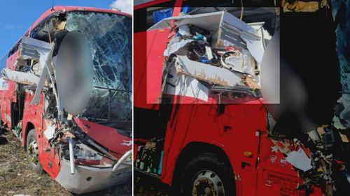In the impact, the caravan smashed into the front of the bus, which ended up coming to rest across nearby train tracks. Queensland crash