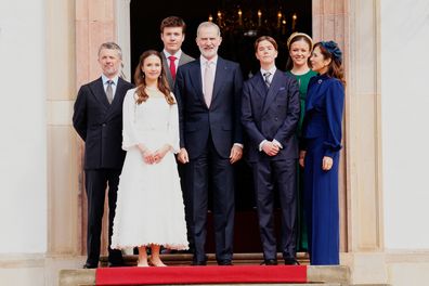 Denmark's King Frederik, Princess Josephine, Crown Prince Christian, King Felipe of Spain, Prince Vincent, Princess Isabella and Queen Mary pose for a photo prior to the royal twins' confirmation, at Fredensborg Palace Church, in Fredensborg, Denmark, Saturday, April 18, 2026. (Ida Marie Odgaard /Ritzau Scanpix via AP)