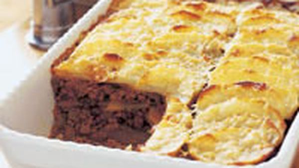 Layered potato and mince gratin