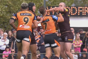 Dylan Edwards was not impressed after his leg was targeted as he kicked.