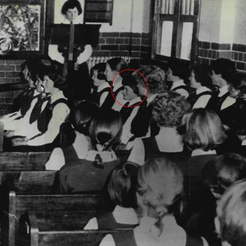 Wendy Luscombe (circled) pictured in the chapel where she was shot dead.