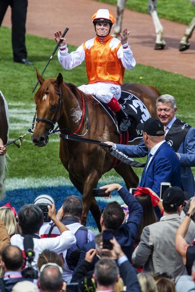 Craig Williams riding Vow And Declare celebrates winning the 2019 Melbourne Cup.