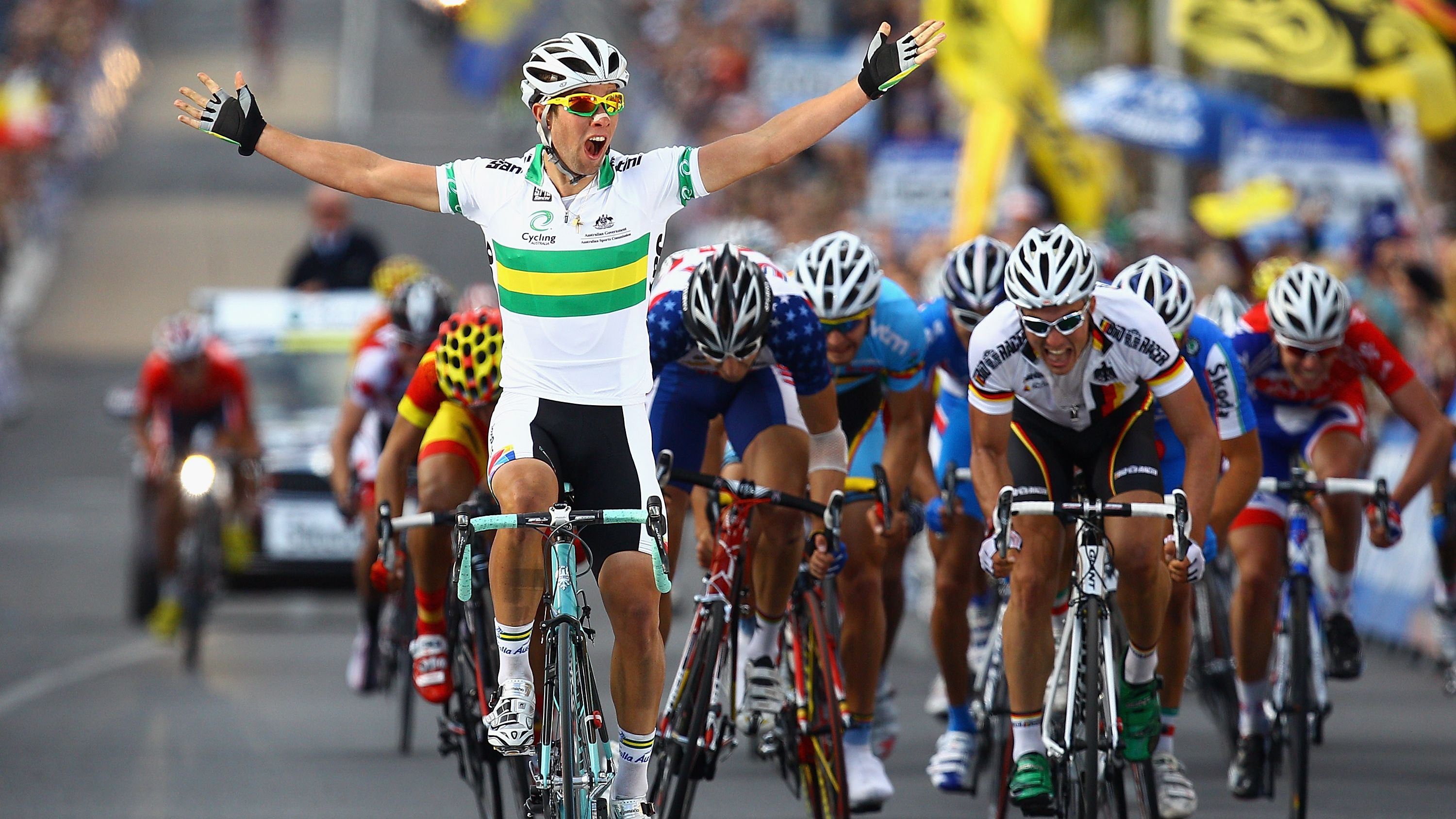 Michael Matthews of Australia celebrates winning the under-23 road race at the 2010 UCI Road World Championships in Geelong.