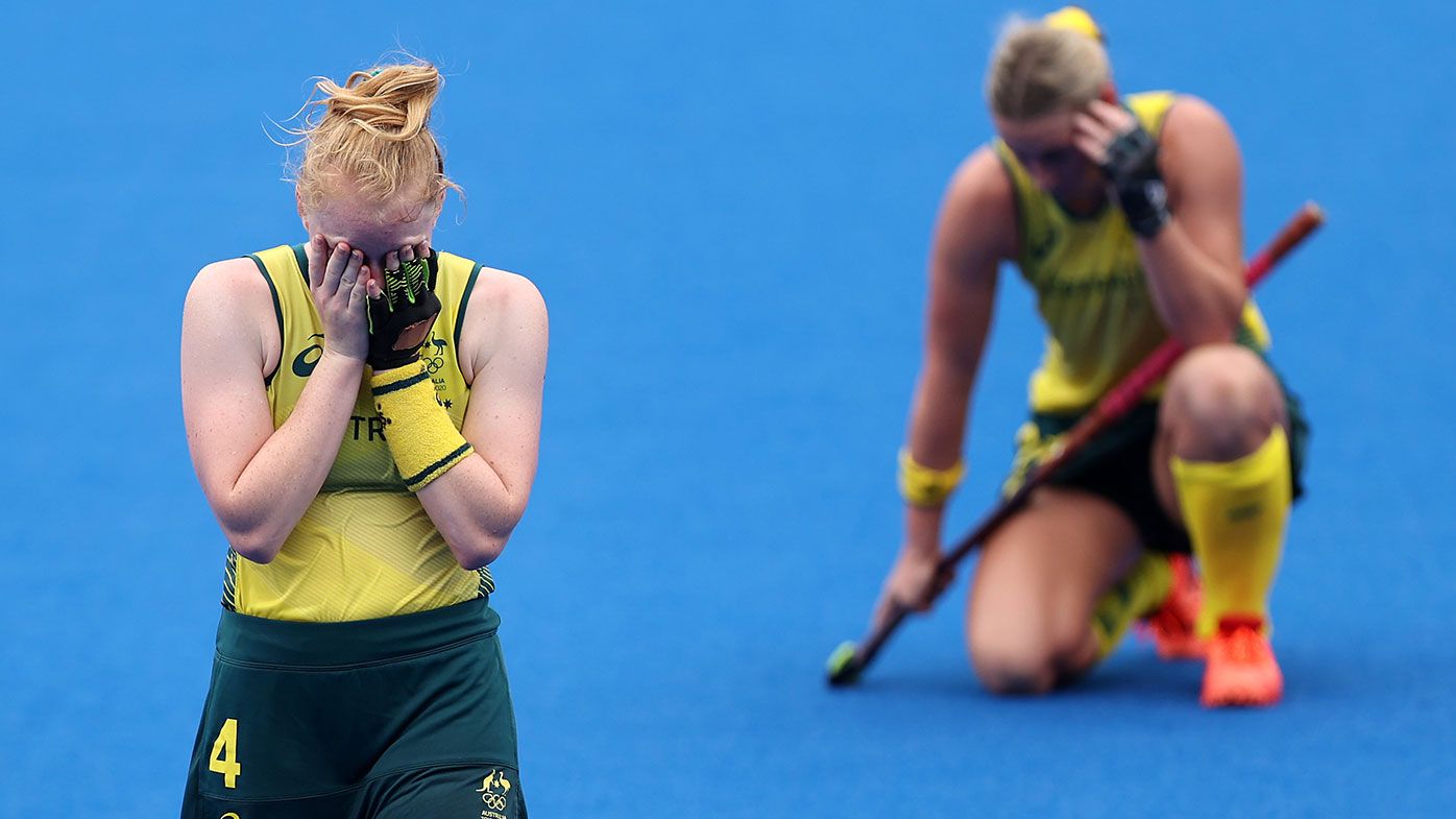 Amy Rose Lawton and Mariah Williams of Team Australia react after a 1-0 loss after the Women&#x27;s Quarterfinal match between Australia and India on day ten of the Tokyo 2020 Olympic Games at Oi Hockey Stadium on August 02, 2021 in Tokyo, Japan. (Photo by Buda Mendes/Getty Images)