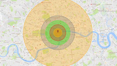 The devastating impact of a 250-kiloton bomb dropped on London. (Nukemap)