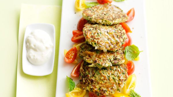 Zucchini fritters with tomato mint salad