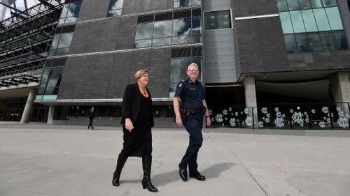  Victorian Minister for Police Lisa Neville and Victoria Police Assistant Commissioner Stephen Leane outside the MCG today. 