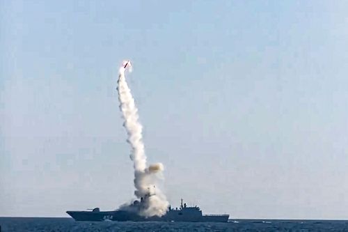 A Zircon hypersonic cruise missile is launched by a Russian navy frigate from the White Sea, in the north of Russia