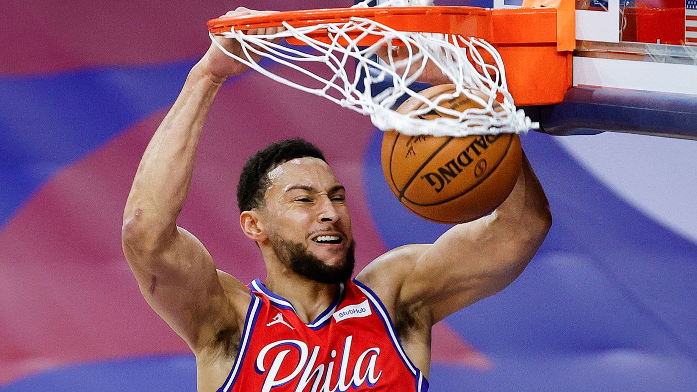 Ben Simmons throws it down against Boston. (Getty)