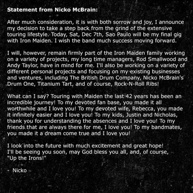 Nick McBrain announces retirement from touring with Iron Maiden