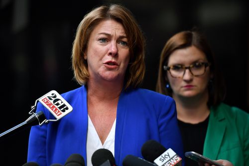 Member for Oxley Melinda Pavey (left) and Minister for Aboriginal Affairs Sarah Mitchell speak to the media in Sydney today. 