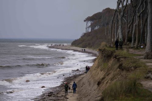 People enjoy a stormy day as the walk past the 'Gespensterwald' (Ghost forest) at the Baltic Sea in Nienhagen, Germany, Thursday, Oct. 19, 2023. 