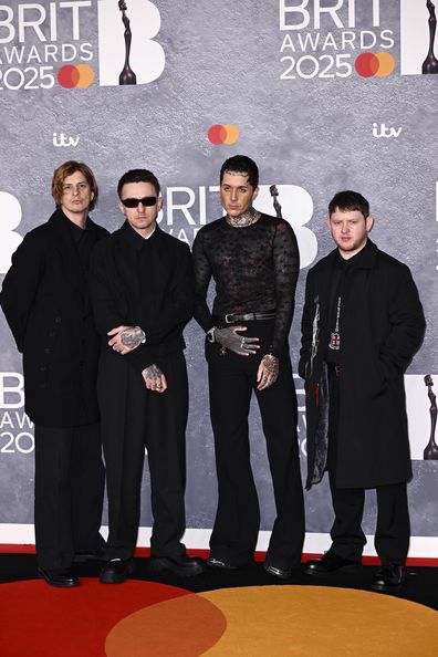 LONDON, ENGLAND - MARCH 01: (EDITORIAL USE ONLY) Matt Kean, Matt Nicholls, Oliver Sykes and Lee Malia of Bring Me The Horizon attend The BRIT Awards 2025 at the InterContinental London - The O2 on March 01, 2025 in London, England. (Photo by Gareth Cattermole/Getty Images)