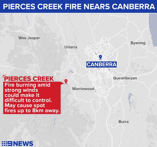 The fire is located eight kilometres from the nearest suburb of Tuggeranong Valley, with rural areas in Tidbinbilla tracking station also at risk.