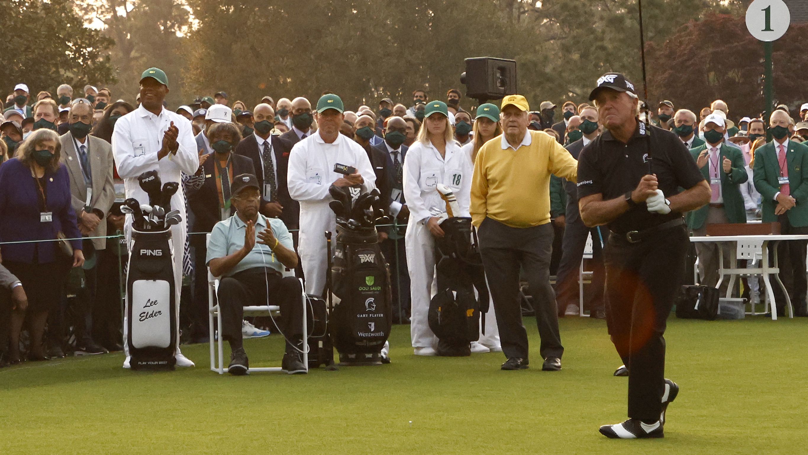 Gary Player plays his opening tee shot during the opening ceremony of the 2021 Masters.