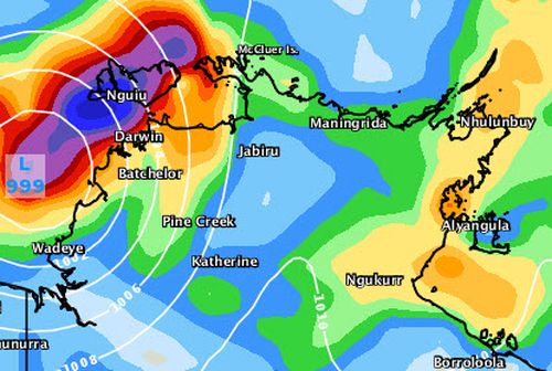 By the end of the weekend, Tropical Cyclone Marcus is set to have passed Darwin and moved further towards the northern Kimberley coast, as seen in this forecast for 5am Sunday. Picture: Weatherzone