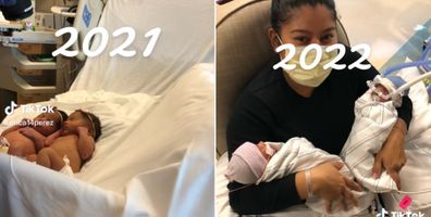 Erica Perez with her two sets of twins born just 13 months apart. 