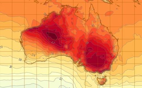 Weather map shows large patches of extreme heat over multiple states including WA, Vic, NSW, and ACT.