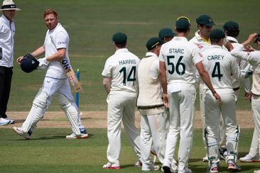 Jonny Bairstow of England walks off the pitch after being stumped by Alex Carey during the fifth day of the Ashes Test match at Lord&#x27;s.