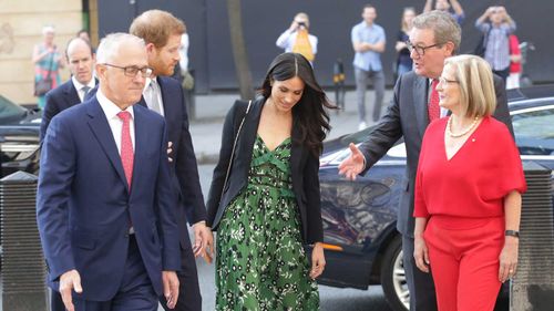 Alexander Downer (second from left), with Malcolm Turnbull, Prince Harry, Meghan Markle and Lucy Turnbull last month. (AAP)