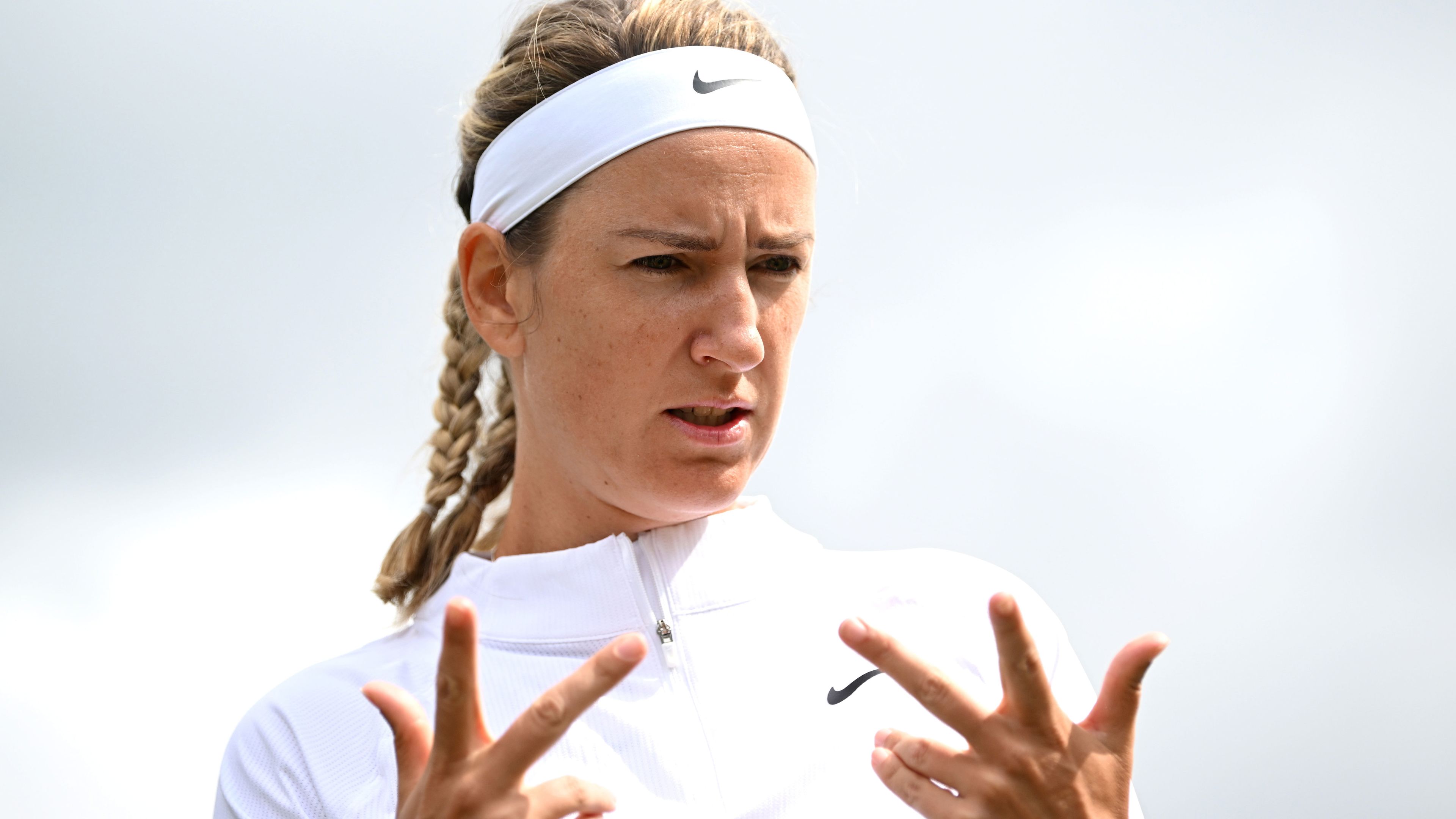 Victoria Azarenka looks on against Yue Yuan in their first round match on day one of Wimbledon 2023. 