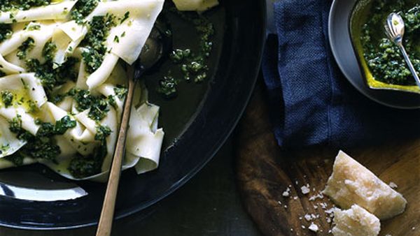 Silk handkerchiefs with green olive and herb sauce