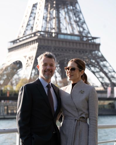 Queen Mary and King Frederik of Denmark in Paris for the final day of their state visit to France, Wednesday April 2 2025. With the Eiffel Tower during a cruise on the Seine.