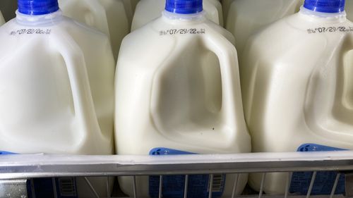 Milk is displayed at a grocery store in Philadelphia, Tuesday, July 12, 2022. 