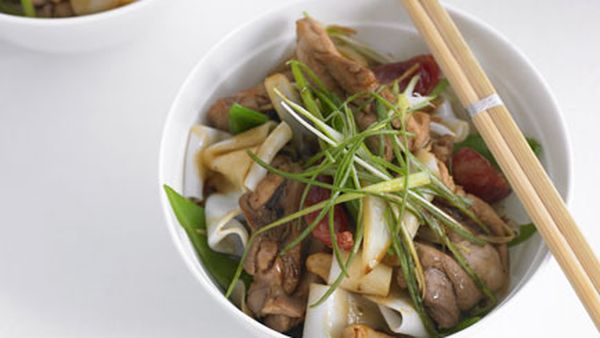 Chicken, lap cheong and snow pea stirfry