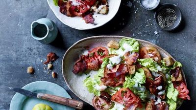 Recipe: <a href="http://kitchen.nine.com.au/2017/08/02/16/57/blt-salad-with-bacon-fried-croutons" target="_top">BLT salad with bacon-fried croutons</a>