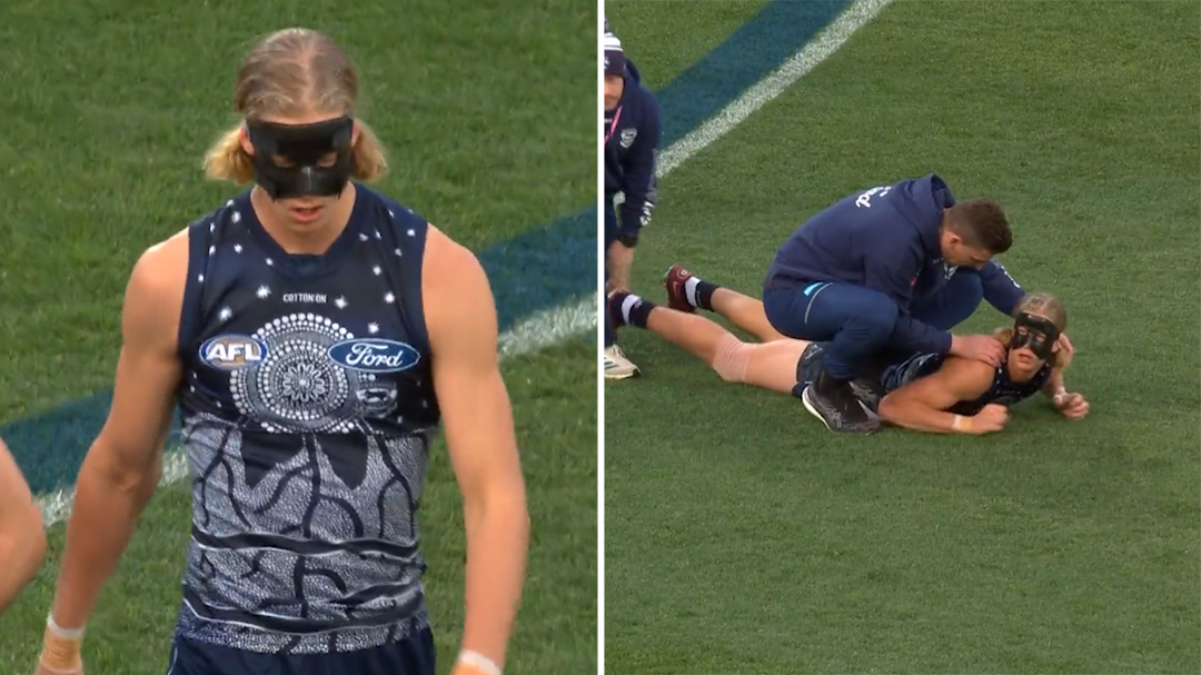 Geelong's Sam De Koning returns from facial fracture sporting 'NBA-style face mask'