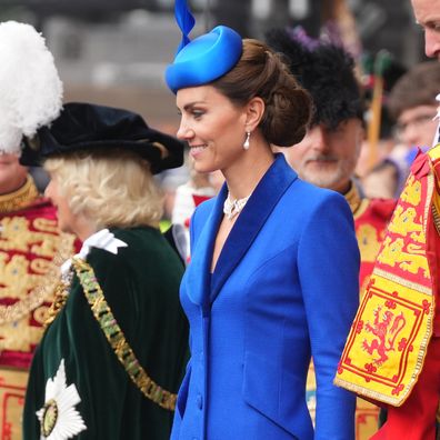 Catherine, Princess of Wales, known as the Duchess of Rothesay while in Scotland leaves St Giles' Cathedral after a National Service of Thanksgiving and Dedication to the coronation of King Charles III.