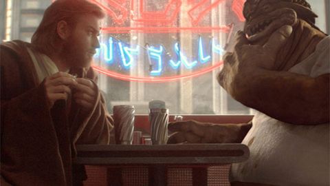 Obi-Wan Kenobi (Ewan McGregor) and Dexter Jettster in Star Wars Episode 2
