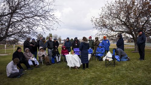 People gather to protest the execution of Charles Rhines on November 4, 2019 at the South Dakota State Penitentiary in Sioux Falls.